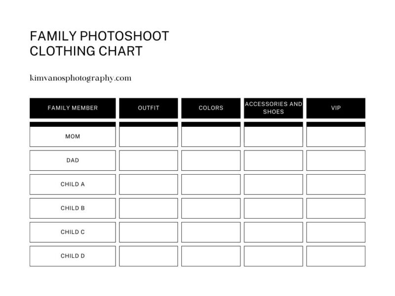 family photoshoot clothing chart Comparison Chart